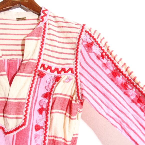Dodo Bar Or Embroidered Stripe Midi Dress Tassel Fringe Pink Cotton Size Medium - Picture 9 of 14